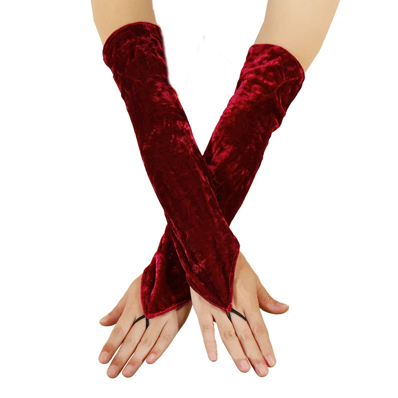 Fashion Golden Velvet Fingerless Elastic Long Warm Gloves For Women Winter Prom Wine Red Party Half Finger Etiquette Mitten S218