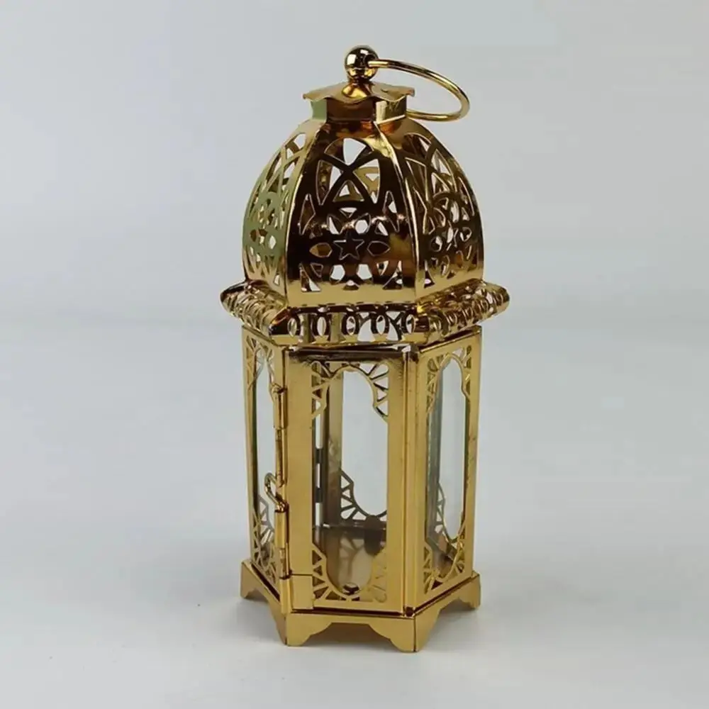 Gold European Castle Candlestick Vintage Hanging Candle Holder Moroccan Glass Candle Lantern Wedding Home Decor Ornaments
