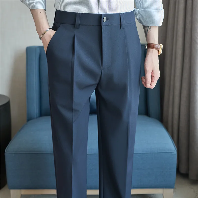 

2025 Summer High Quality Thin Semi-elastic Waist Navy Suit Pants for Men, Dark Gray Small Straight Drop Men's Casual Trousers
