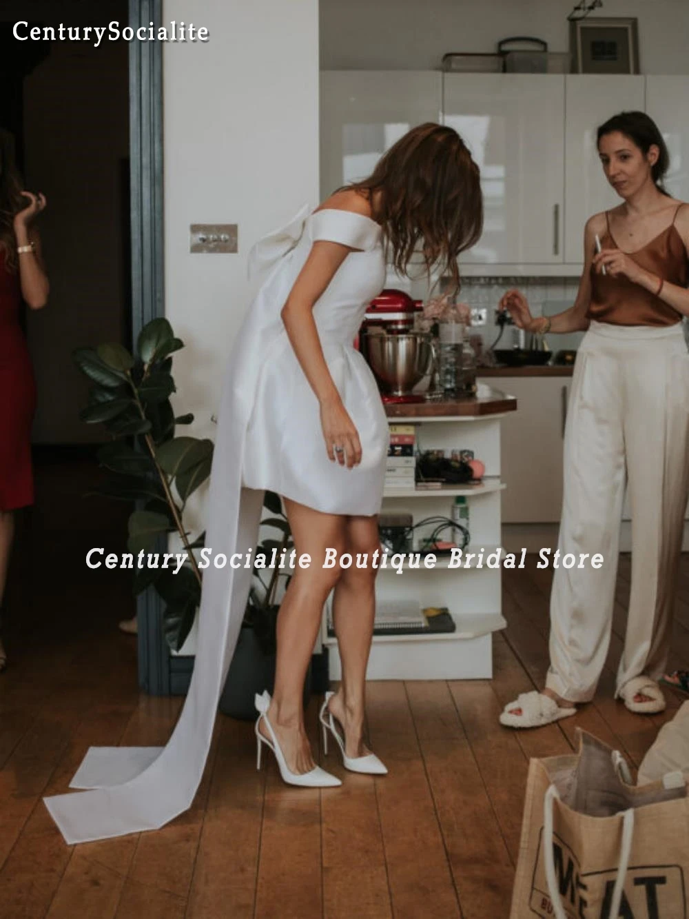 Satin Wedding Dresses Short Big Bow Off Shoulder Above Knee Mini Bride Reseption Dress Simple Bridal Gowns Customized