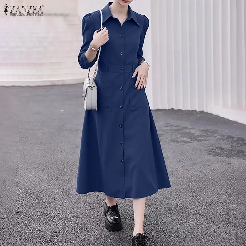 Women Party Robe ZANZEA Long Shirt Vestidos 2025 Autumn Long Sleeve Fashion Lapel Solid Pockets Casual OL Streetwear Maxi Dress