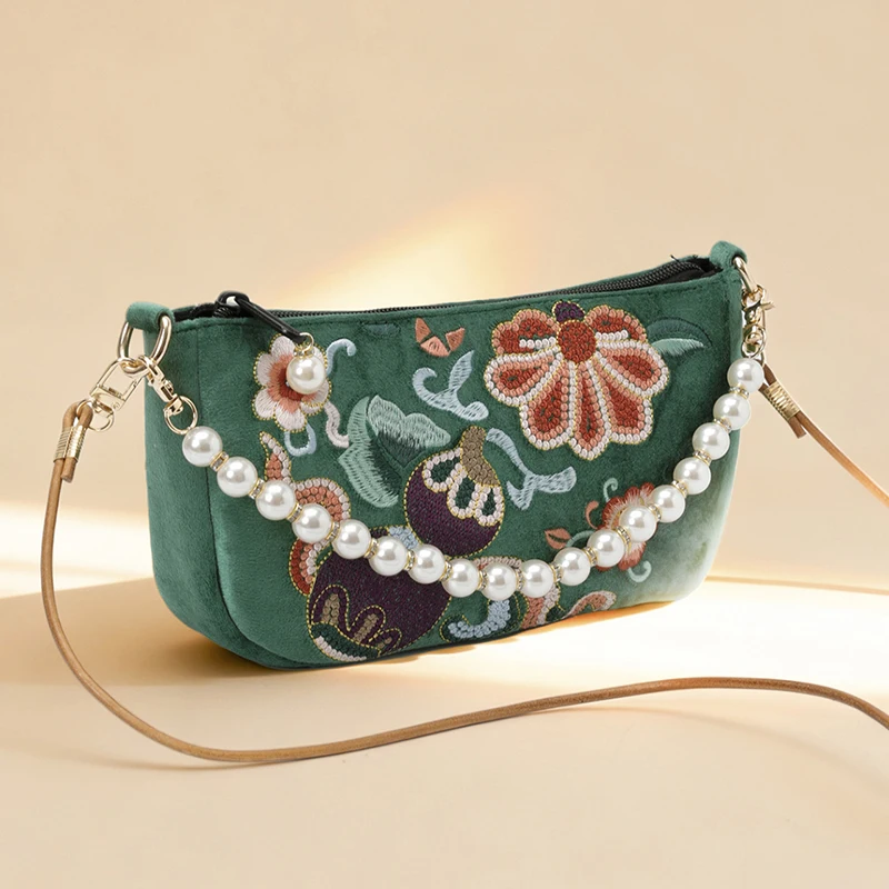 Chinesische Umhängetasche mit Blumenstickerei, Damen-Schultertasche, Handtasche mit Perlenhenkel, Vintage-Geldbörse im ethnischen Hanfu-Stil – Detail 22