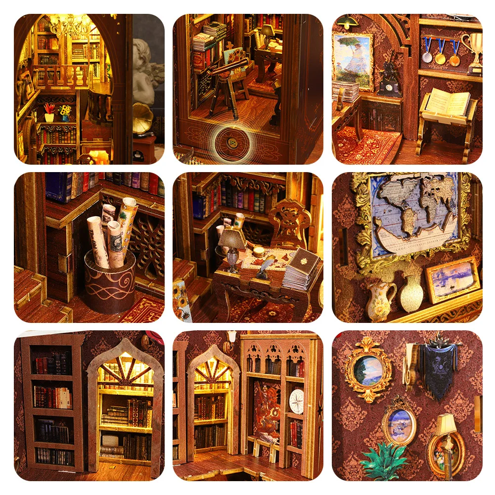 Kits de nooks de livros 3D DIY com luz quente decoração de modelo de montagem multifuncional para estante