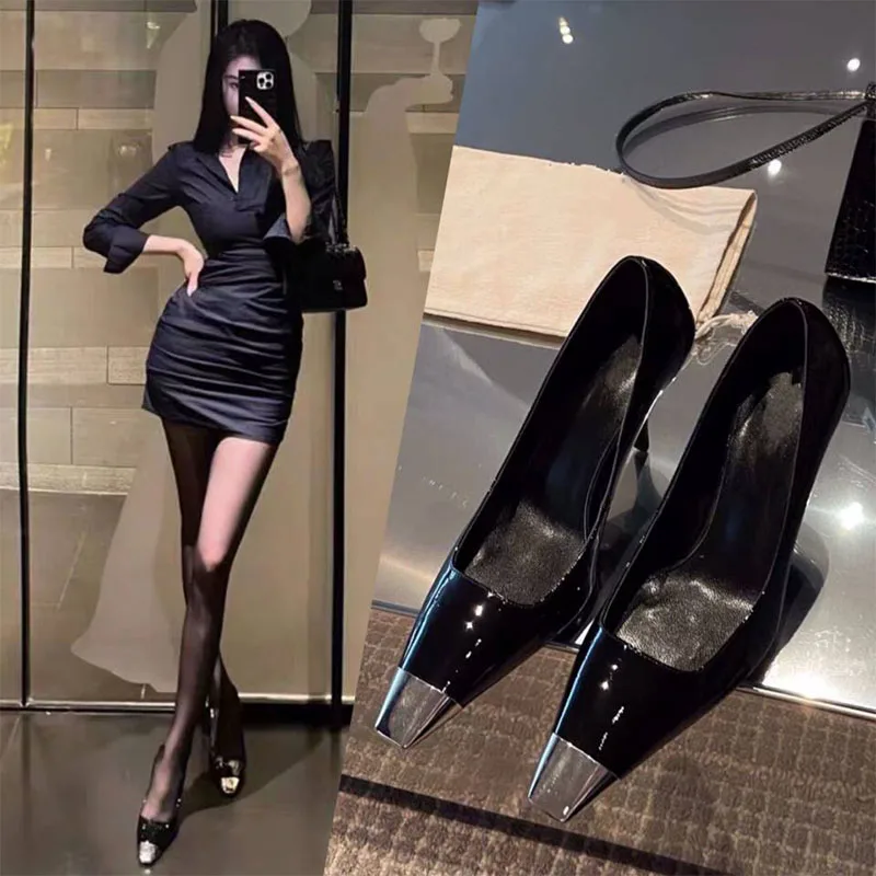 Baru sepatu hak tinggi Stiletto wanita hak tinggi ujung persegi sepatu gaun pesta mode wanita hak tinggi kulit paten wanita Zapatos De Mujer