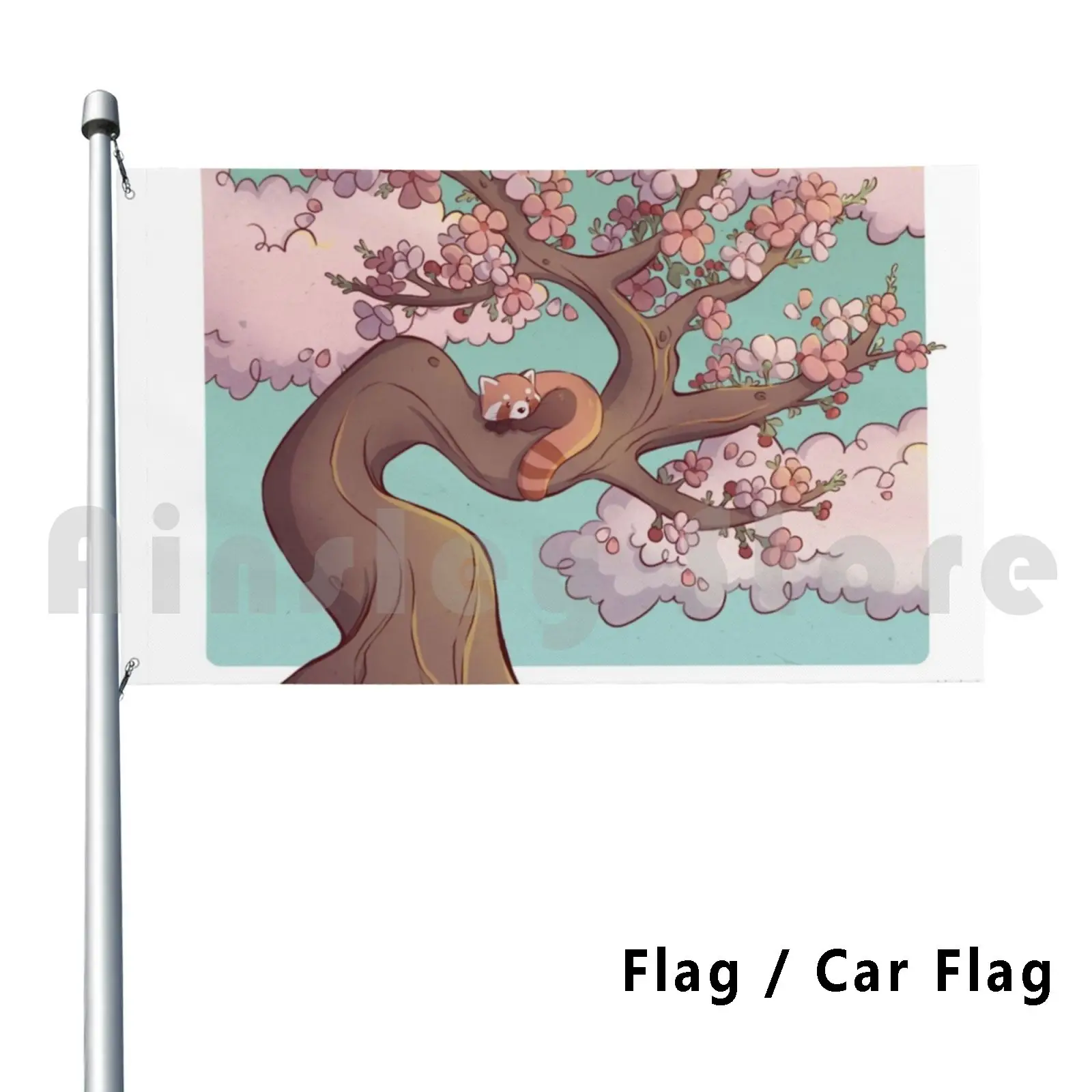 Bandera de Panda Rojo Bandera de Coche Divertido Panda Rojo Linda Criatura Animal Japón Flor de Cerezo Árbol Rosa Azul Teal