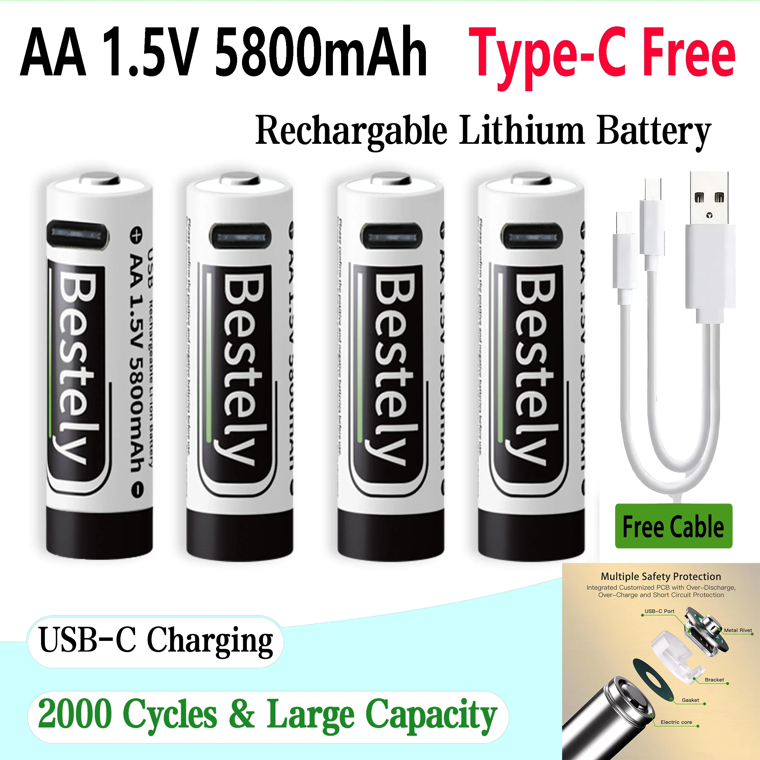 

2026 Bestely AA 1.5V 5800mAh Rechargeable Battery Fast Charging long lasting AA 1.5V Lithium-ion Battery 2000 Cycle Free Cable