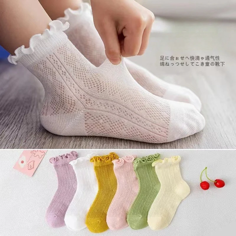 Spring and Summer Girls New Thin Breathable Comfortable Cotton Mesh Solid Color Lace Fashion Wooden Ear Edge Princess Socks