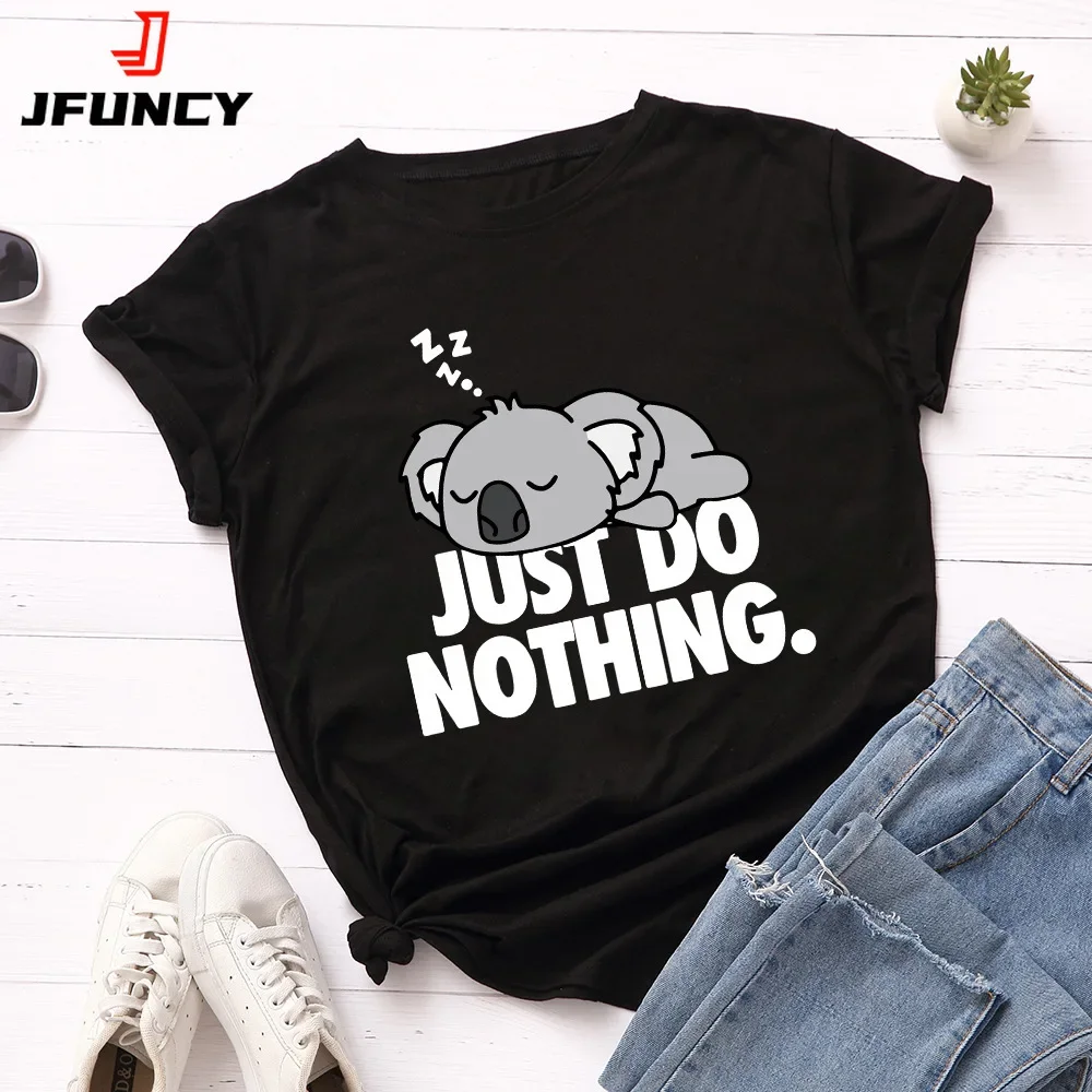 JFUNCY 2024 Women Cotton T-shirts New Lazy Koala Printed Graphic T Shirt Female Short Sleeve Tees Tops Woman Summer Tshirt