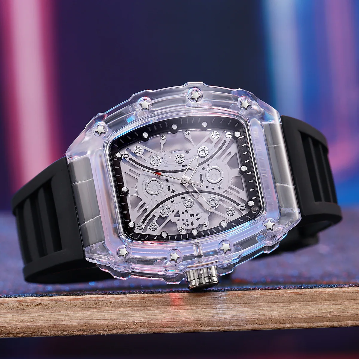 Famous Brand Men Watch Fashion Transparent Hollowed-Out Wine Barrel-Shaped Men's Watch Silicone Strap Quartz Wristwatches