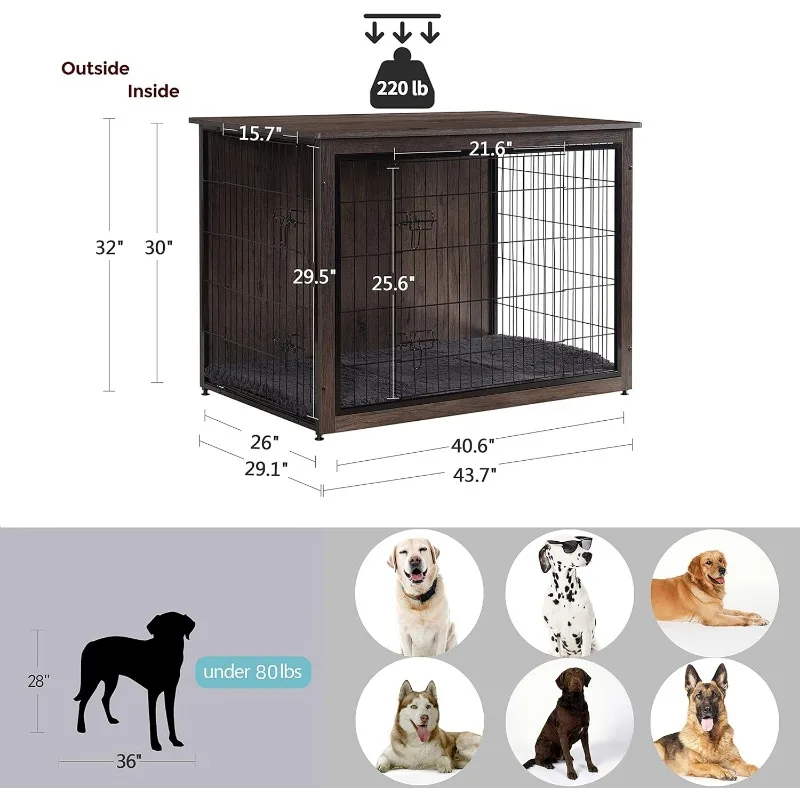 Bantalan furnitur peti anjing XL kayu peti anjing pintu ganda, furnitur peti anjing besar, kandang anjing dalam ruangan, Meja akhir ekstra besar