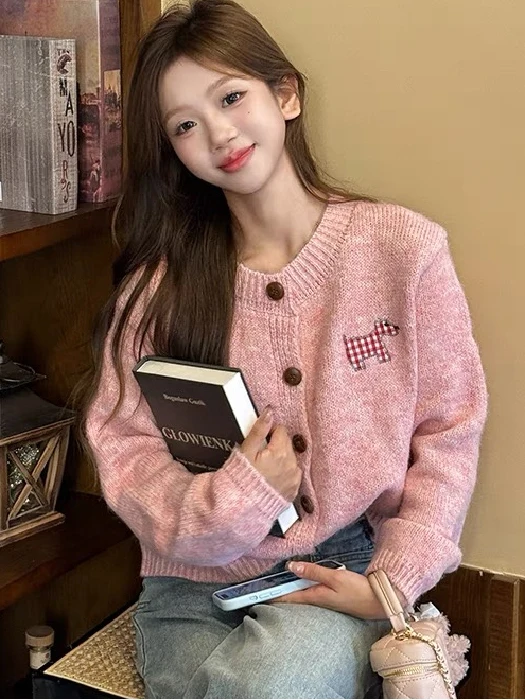 

Pink Bear Fur Knitted Open Cardigan Women's Loose Lazy Sle Autumn Winter Knitted Sweater Korean Sle Top round Ne Long S...