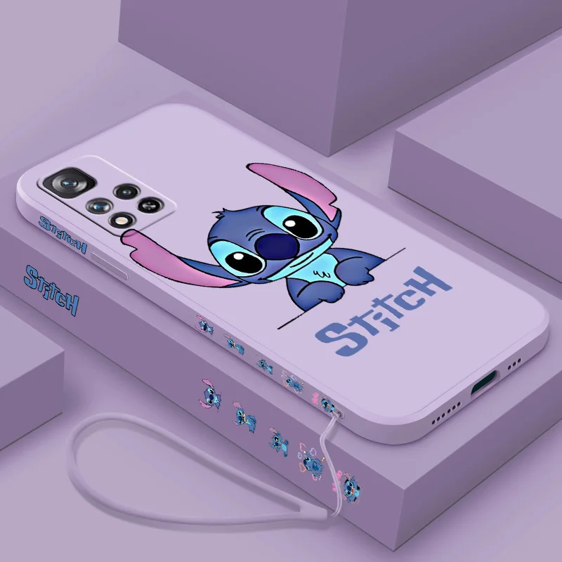 Cute Disney Stitch Angel For Xiaomi Redmi Note 11 12 13 E T S Pro Plus 4G 5G Liquid Left Rope Phone Case Shell Soft Cover Capa