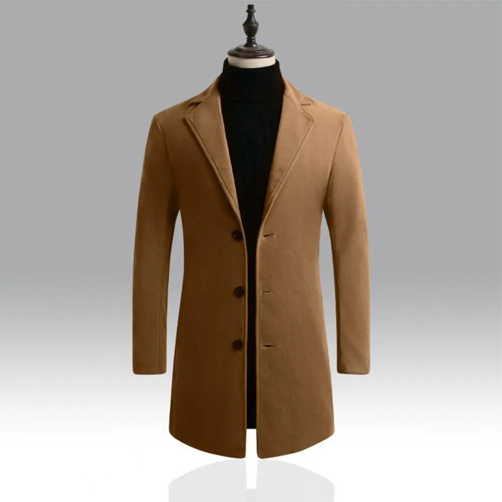 Korean Style Men Trench Coat Lapel Buttons Woolen Coat Casual Overcoat Jackets Men Warm Long Outwear Spring Windbreaker