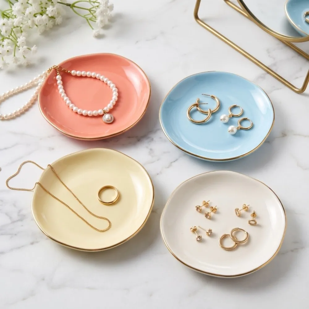 Gold Rim Round Ceramic Trinket Dish Four Color 11.5 Cm Jewelry Decorative Simplicity Irregular Jewelry Storage Plate