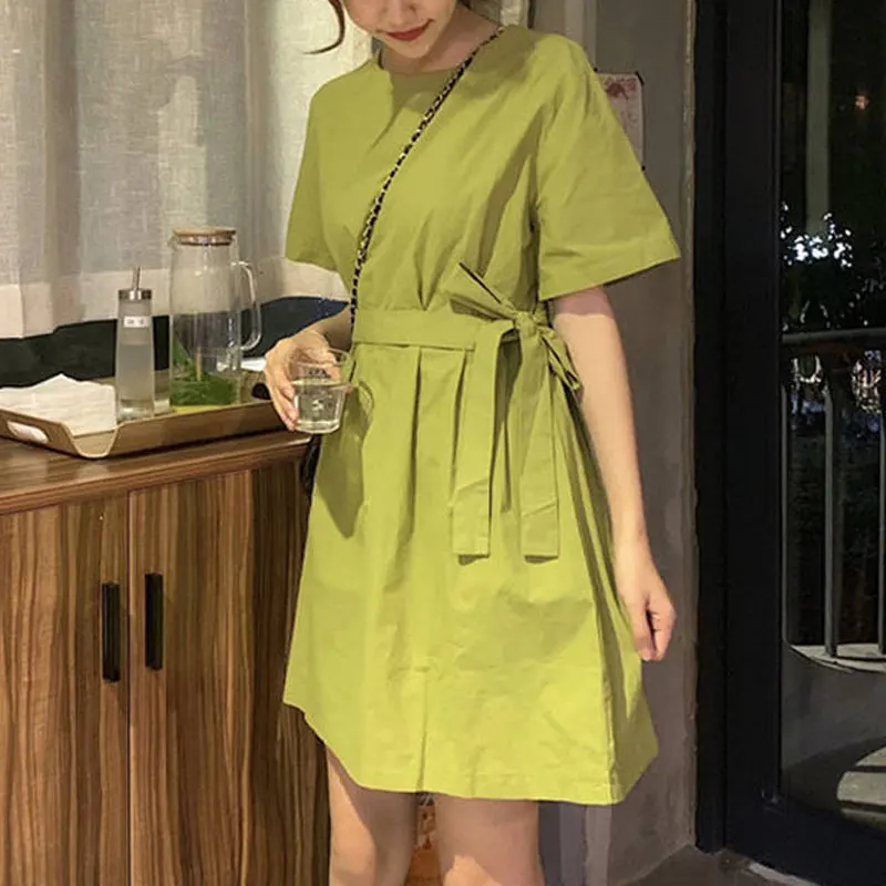 

Korean Waist Bandage Bow Midi Dress Women's Clothing Short Sleeve Summer O-Neck A-Line Casual Loose Basic Solid Color Dresses