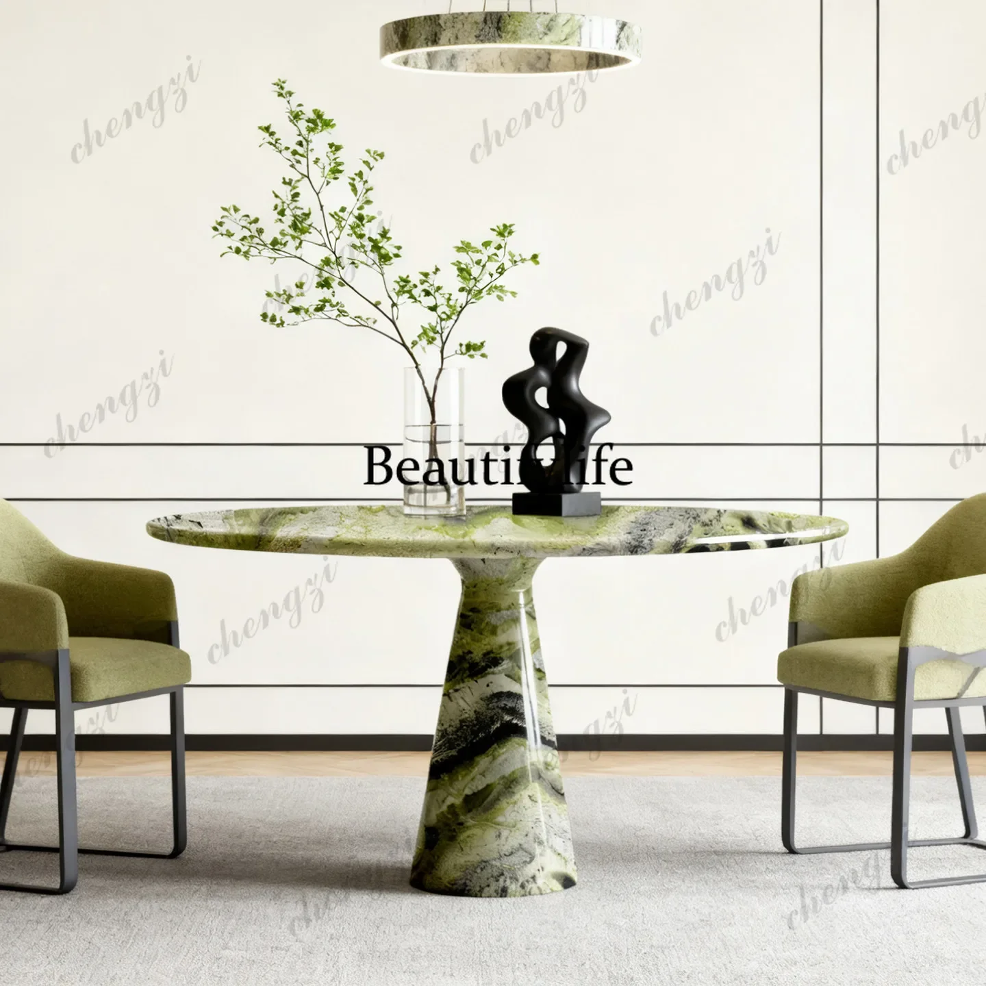 P182 P182 Italian high-end green stone natural marble dining table with a round, premium feel