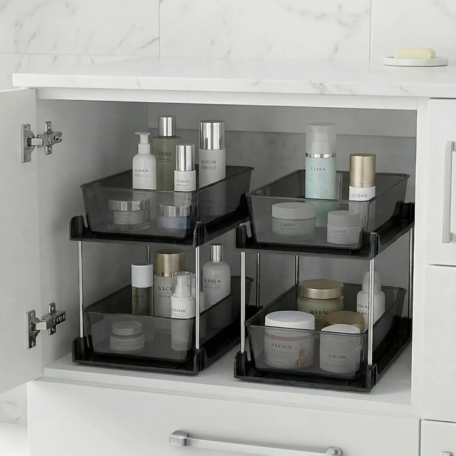 

2 Pack Bathroom Organizer,2 Tier Clear Under Sink Organizers Vanity Countertop Storage Container,Cabinet Drawers Bins, Pull-O