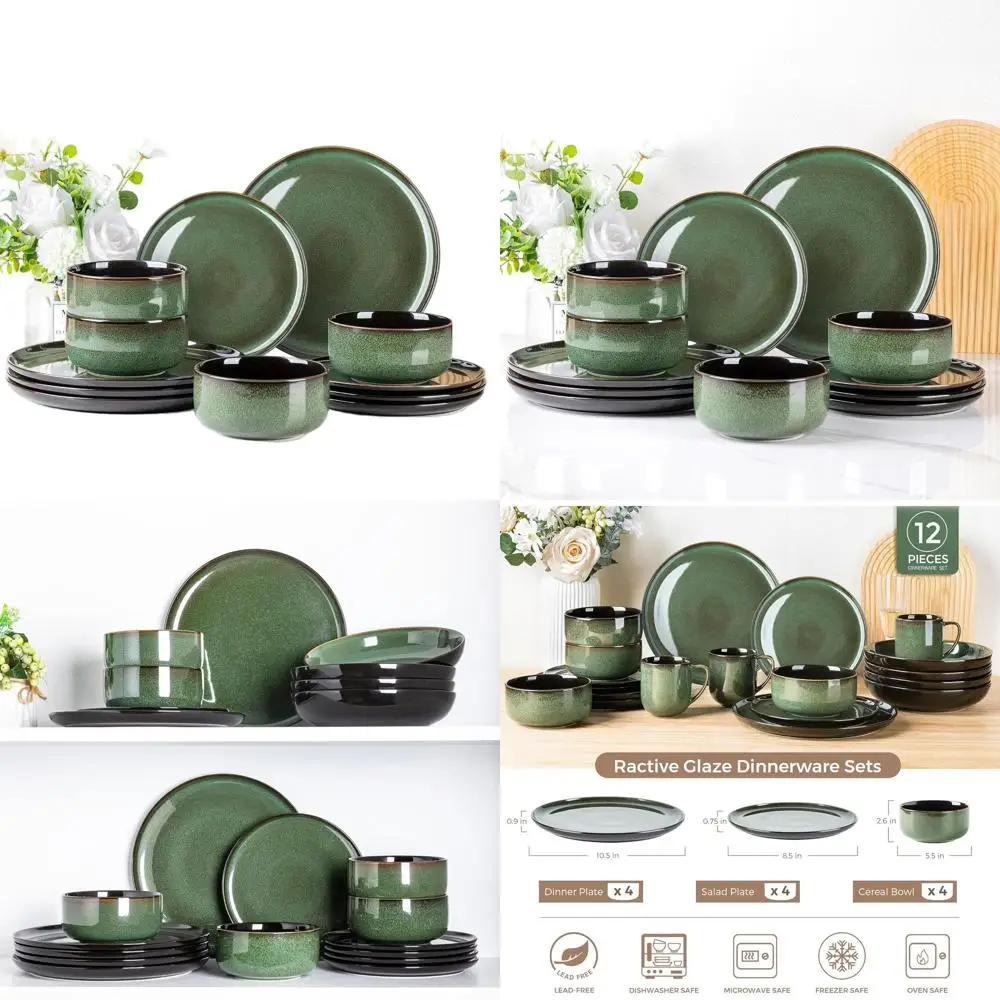 

4-Piece Porcelain Dinnerware Set: Handcrafted Reactive Glaze Plates & Bowls, Chip Resistant, Oven & Dishwasher Safe