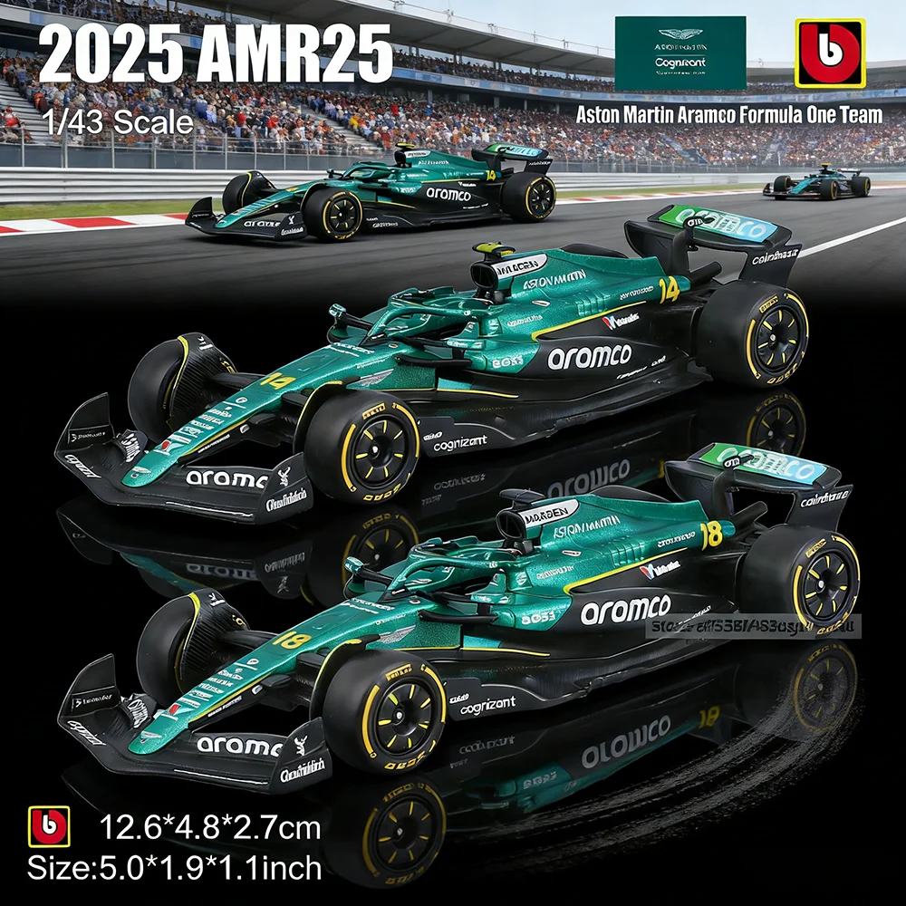Bburago 1:43 F1 2025Aston Martin AMR25 # 14 Fernando Alonso # 18-lans wandeling legering auto gegoten model speelgoed verzamelobject
