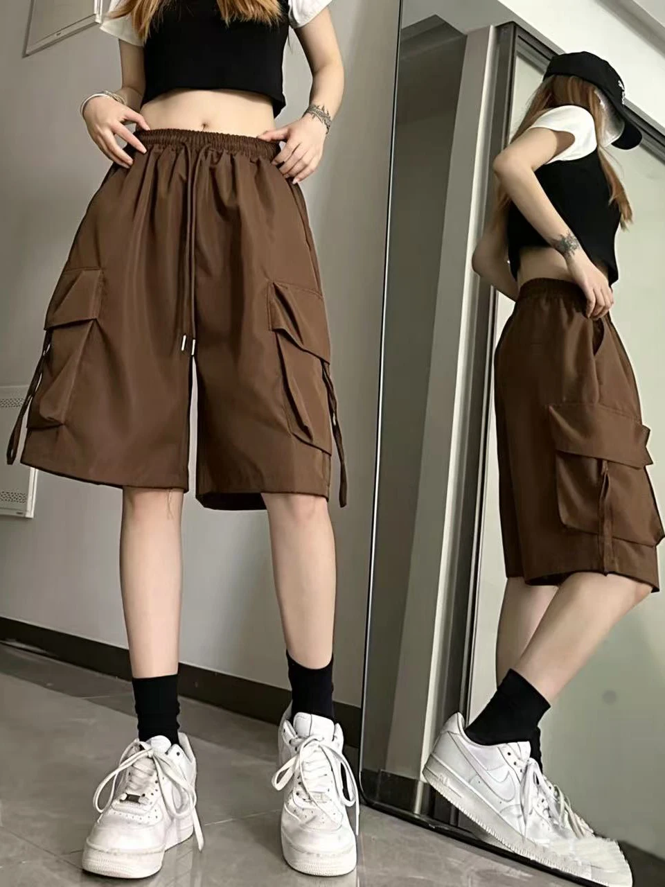 Casual Black American Workwear Shorts Women Summer Loose Straight Cut Sports Five-Quarter Length Pants with Big Pockets