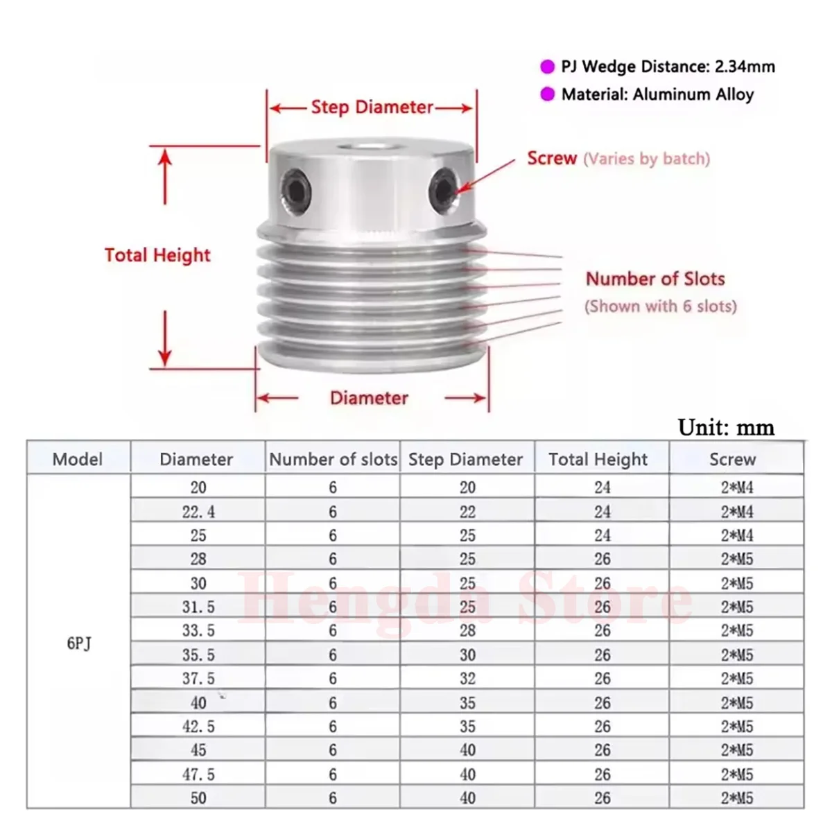 1pcs 6PJ Belt Pulley Multi Wedge Wheel 6 Slots Motor Shaft 6 Peak Groove Synchronous Timing Pulley 20/22.4/25/28/30/35.5/40~60mm