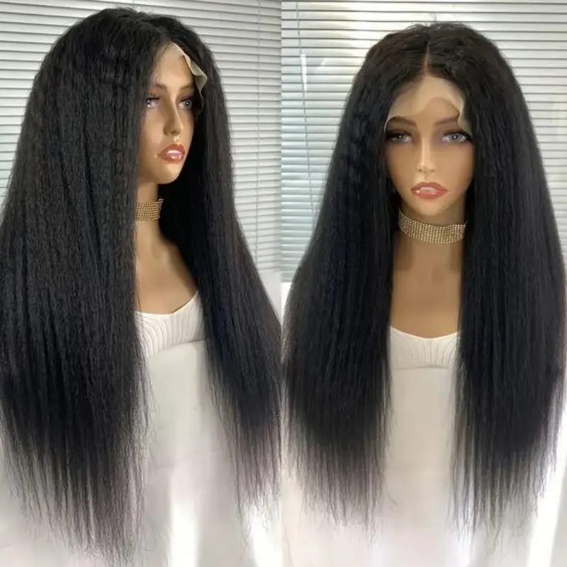 Soft Long 26Inch Natural Black  Yaki Kinky Straight Lace Front Wig For Women With Baby Hair Synthetic Preplucked Glueless Daily