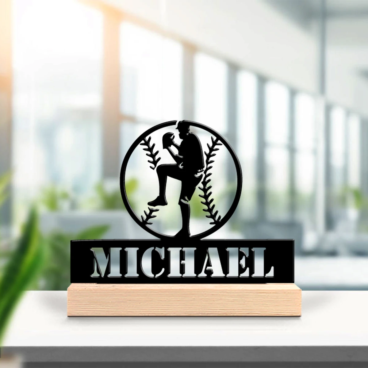 1pc Desktop Metal Ornaments Customizable Name Equipped with Wooden Base Modern Rural Home Desktop Decorations