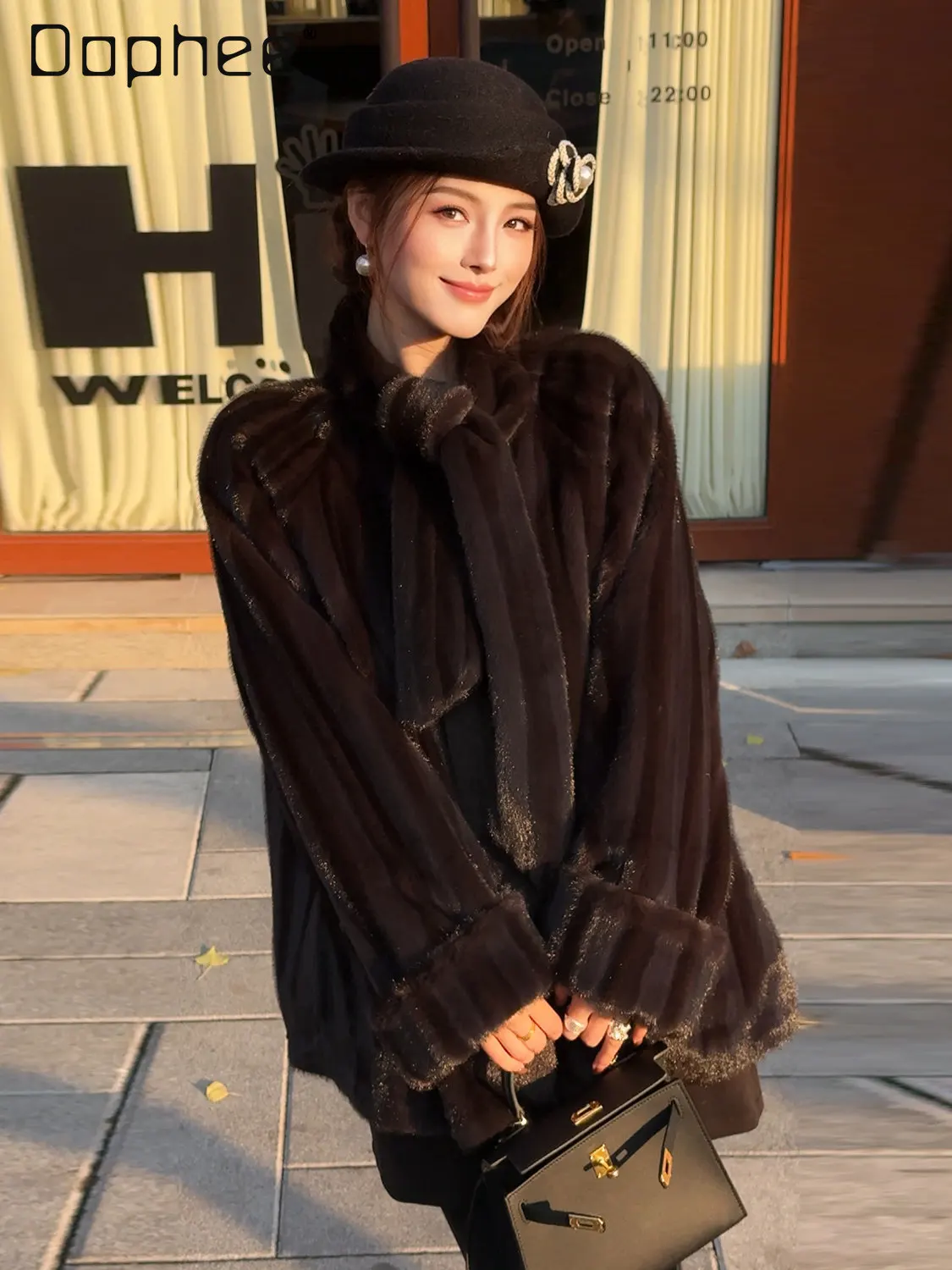 Écharpe intégrée Imitation vison manteau de fourrure écologique mi-long haut de gamme Vintage épaissi veste en peluche fourrure manteaux intégrés