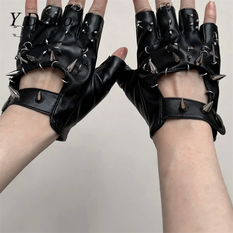 Y Demo Rock Rivets Women's Half-fingered Gloves Motorcycle Driving Punk Performance Black Hollow Out Pu Gloves