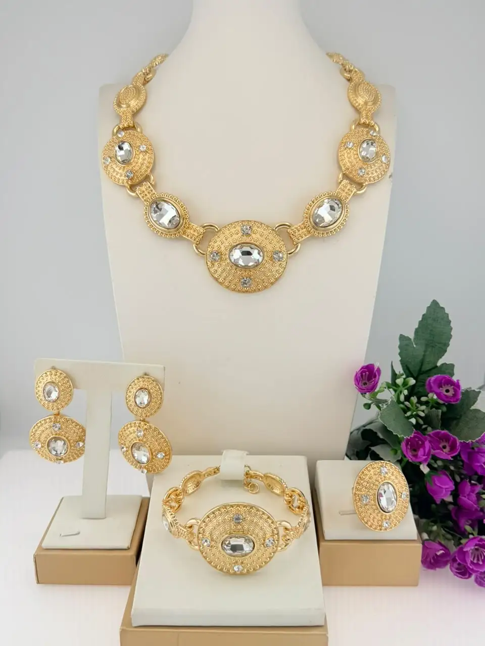 Simple Elegant Round Shape Italian Jewelry with Rhinestone Fancy Collar Brazalete Aretes Anillo 4PC Jewels Set for Wedding Party