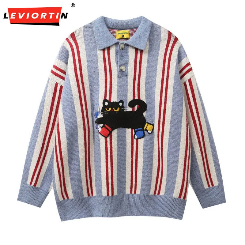 

2025 Autumn and Winter Men's Japanese Retro Fashion Versatile Cat Lazy Style Loose Collar Striped Sweater Hoodie Knitted Top