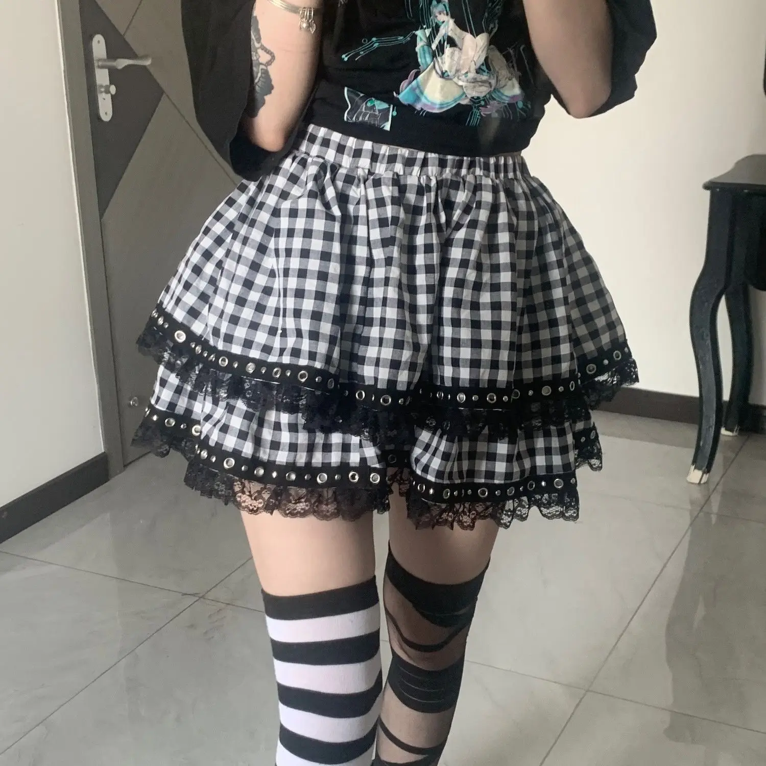 Kimotimo Sweet Cool Plaid Tiered Mini Skirt Women Preppy Style Black Blue Ruffled Cake Skirt Lace Trim Subculture Y2K