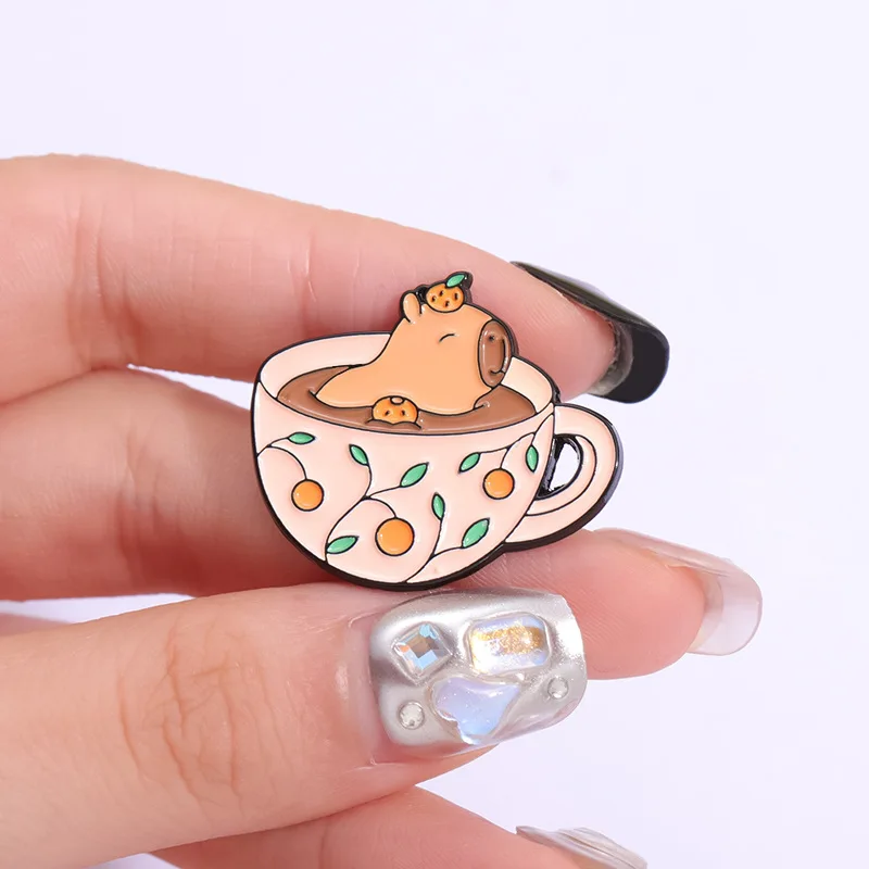 Creative Animal And Vintage Coffee Cup Combined Brooch Pins Cartoon Frog Cat Chicken Capybara Enamel Lapel Pin Jewelry Prop Acce