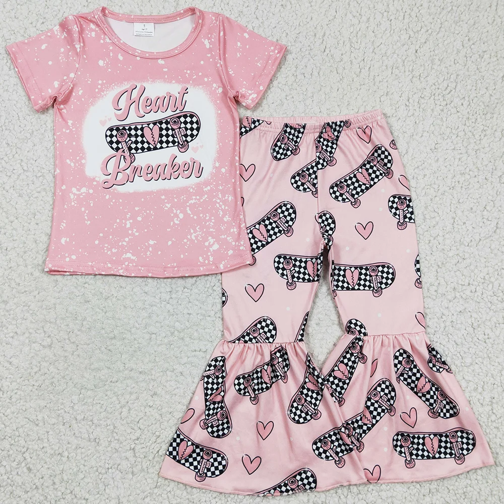

Wholesale Children Clothing Girls Boutique Outfits Pink Baby Girl Clothes Short Sleeve Bell Bottoms Set Fashion Kids Clothing