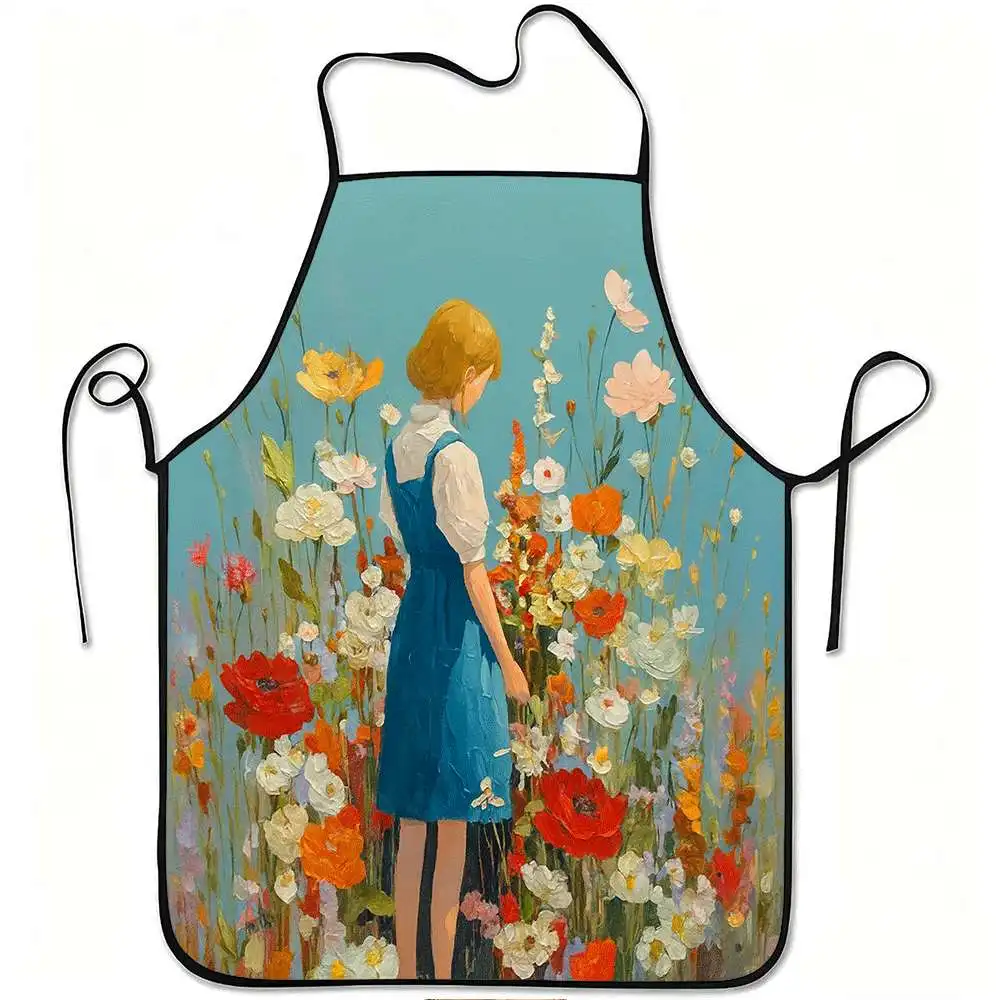 1pc Girl in Flower Field Art Print Apron | Durable and Easy to Clean, Adjustable Waistband, Polyester Material, for Kitchen Cook