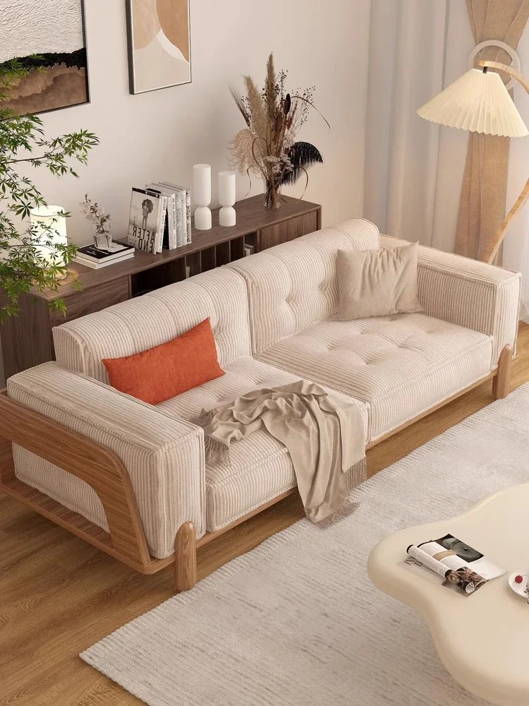 

Solid wood fabric sofa simple modern small apartment living room log wind cream corduroy