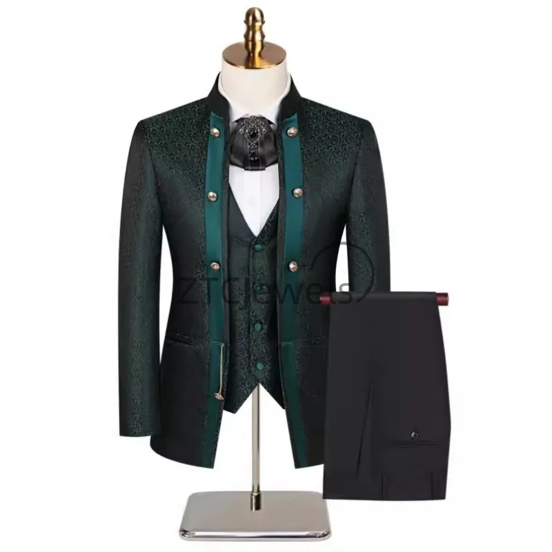 Traje de Hombre Estilo Chino 2026 con Cuello de Frutas Verdes y Flores Oscuras, Conjunto de Boda para Novio y Padrinos, 3 Piezas