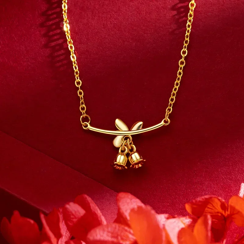 

9999 Real Gold 24K Mori Fresh Lily of The Valley Collarbone Chain Ins Wind Advanced Sense Sweet Necklace