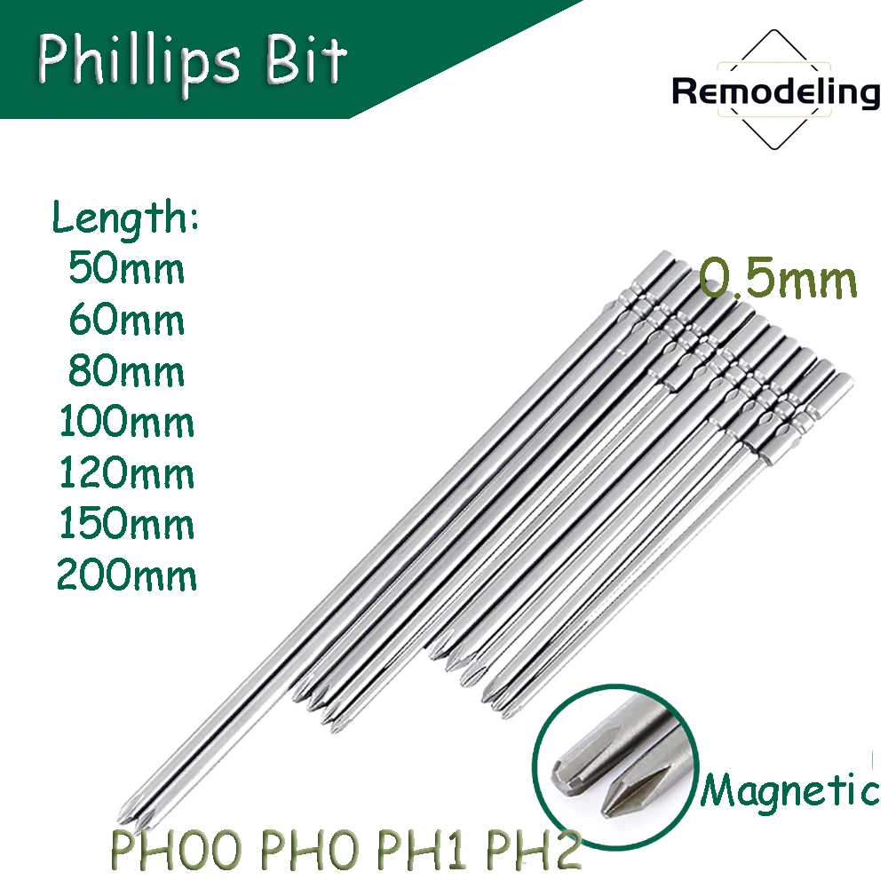 1pcs/1set Phillips Screwdriver Bit PH00 PH0 PH1 PH2 Magnetic 5mm Round Shank S2 Steel 50/60/80/100/120/150mm Length Driller Bit