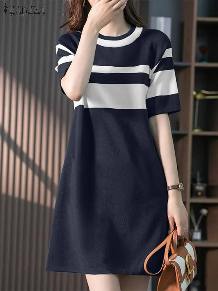 ZANZEA Korean Fashion Women T-shirt Dresses 2024 Summer Casual Loose Color Block Knee-length Vestidos Elegant O Neck Short Robes