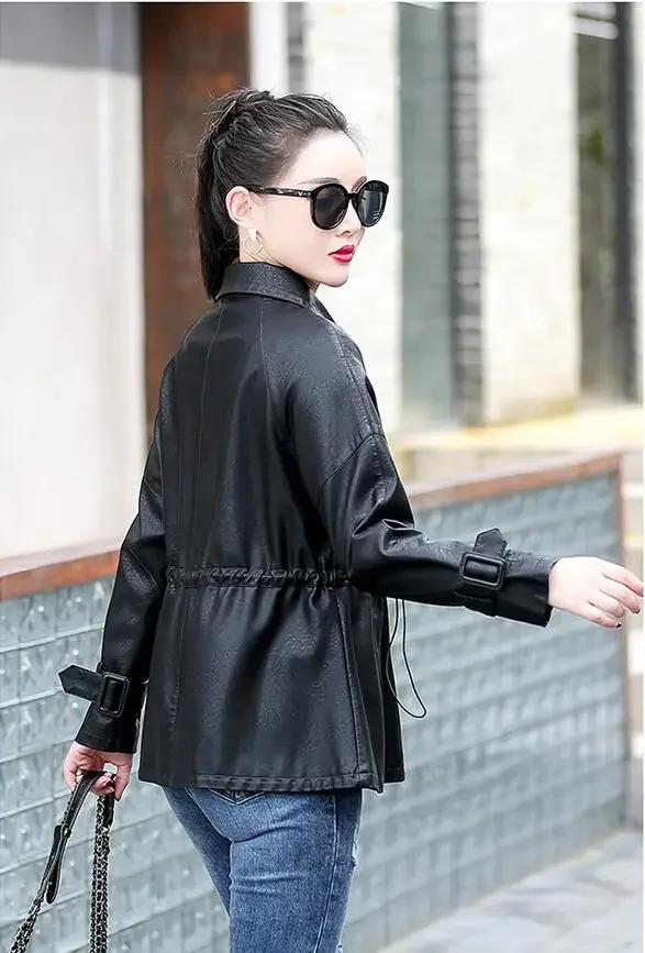 M-4XL New Women Sheepskin Trench Coat Spring Autumn Fashion Turn Down Collar Long-sleeve Drawstring Loose Leather Jacket Female