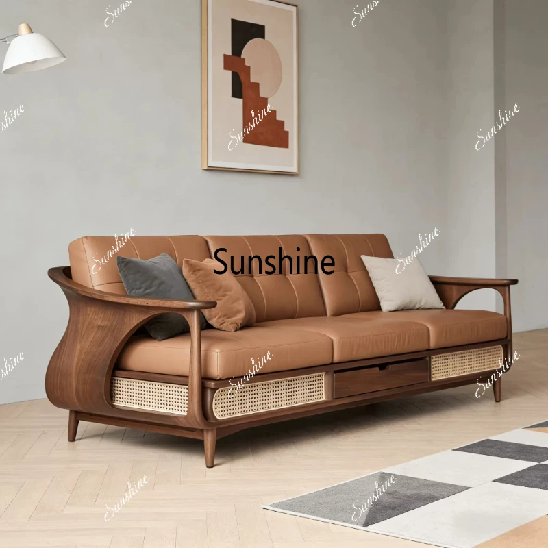 

New Chinese solid wood sofa is simple, rattan storage, living room, straight row furniture