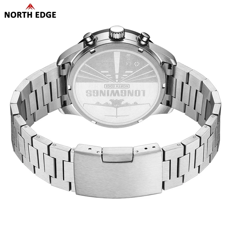 NORTH EDGE LONGWINGS 2025 Men's Solar-Powered Pilot Watch 50M Waterproof Full 316L Stainless Steel Luminous Stopwatch Quartz