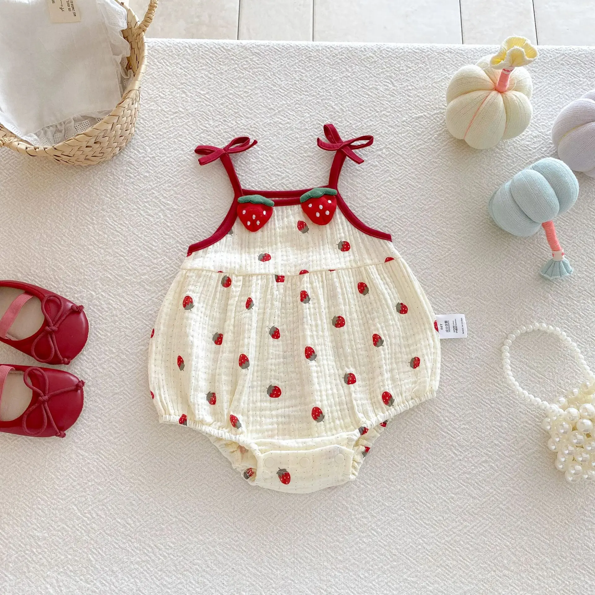 2026 Summer Cute Baby Bodysuit Strawberry Pattern Camisole One Piece Clothing Yellow Sleeveless Clothes for Toddler Girls