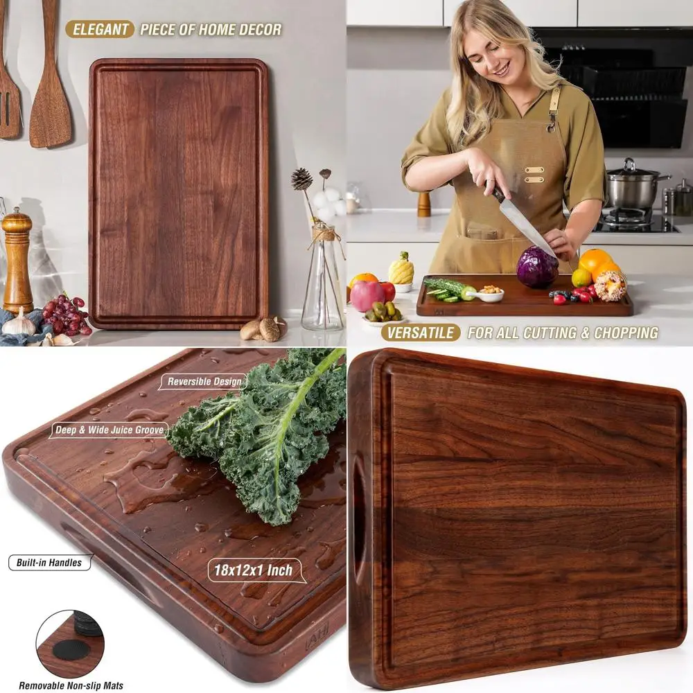 

Large 18x12 Walnut Chopping Board with Deep Groove & Side Handle, Thick Kitchen Butcher Block for Meat & Cheese, Gift for Wife o