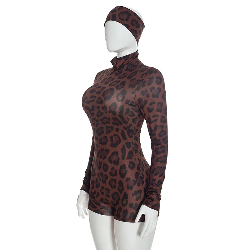 JENYAGE Damen Sexy Leopardenmuster Langarm Rollkragen Stretchiger Romper Bodycon Kurzer Jumpsuit mit Passendem Stirnband Clubwear – Detail 7