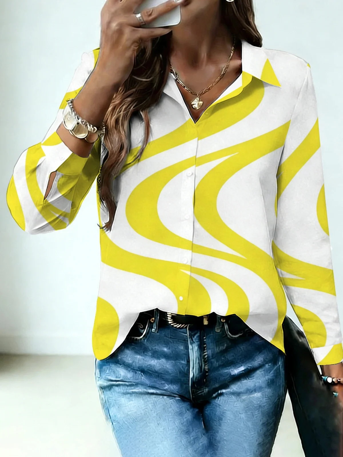 Vibrant Yellow Swirl Geometric Womens Collared Shirt Clean White Base Big Fluid Curved Allover Print Long Sleeve Spring Travel