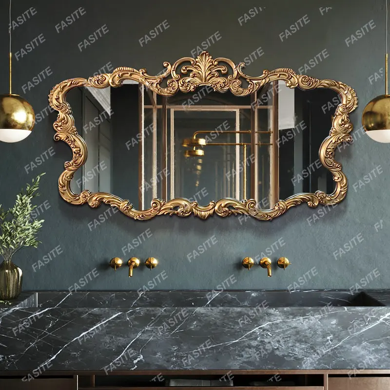 

European Vintage Mirror Odd Shape Gold Border Large Bathroom Mirror Antique Aesthetic Espelho Para Banheiro Bathroom Fixtures