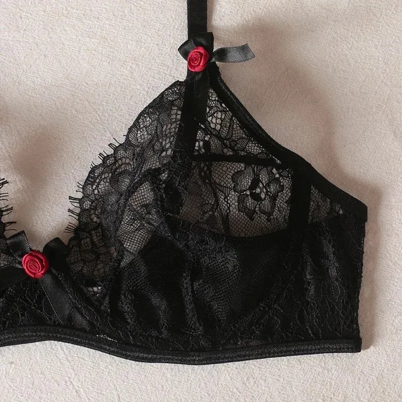 3 pcs ชุดชั้นในเซ็กซี่ Garter ชุดสตรีชุดชั้นในชุดขนตา Rose Bow Lace Brassiere ชุด Sex Lace Bralette Bra และ Panty ชุด