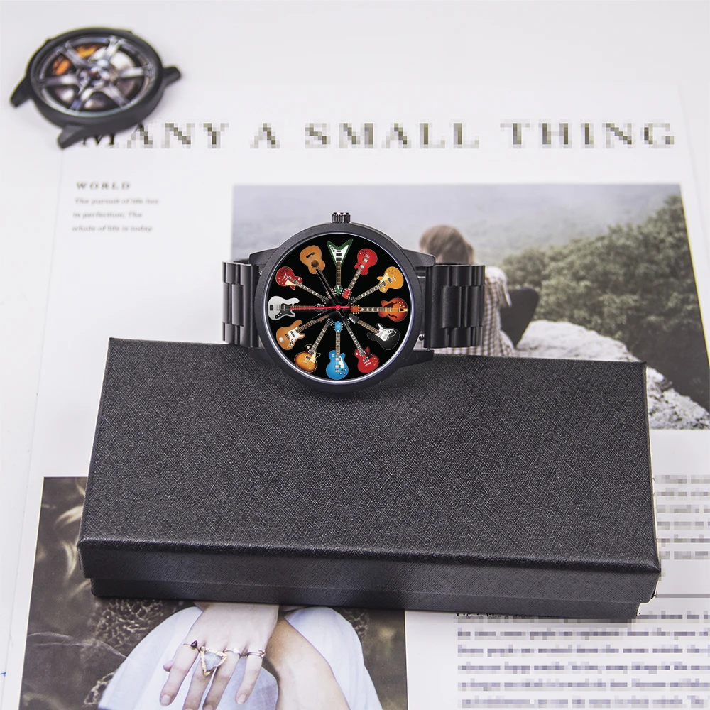 Orologio da uomo con quadrante da 45/38 mm di diametro per chitarra, movimento al quarzo universale, orologi, cinturino in pelle, acciaio inossidabile, silicone, oro rosa